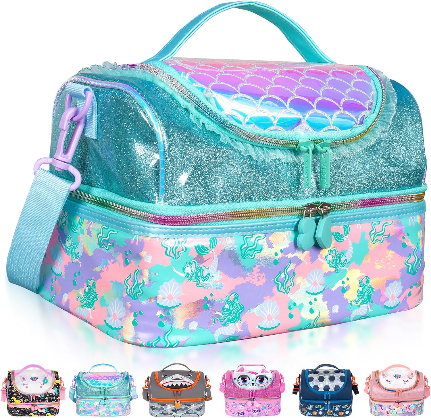 PinkSheep Kids Lunch Bag, Double Decker Cooler Insulated Lunch Bag, Back to School Gift Large Tote for Boys, Girls, Men, Women, with Adjustable Strap Mermaid