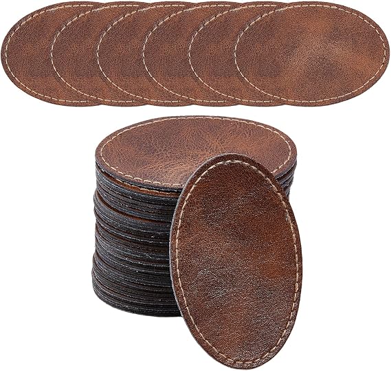 36 Pcs Blank Leatherette Patches, 2 x 2.9 Inch Lasable Engravable Iron on Blanks, Rustic Brown Oval Laser Artificial Leather Patch for Custom Hats Clothes Bags DIY Crafts