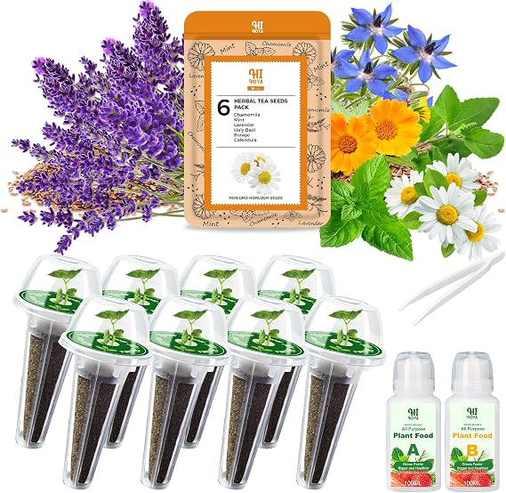 Lavender Seed Pod Kit, 8 Pod Kit (Include Seed Lavender/Chamomile/Holy Basil/Borage/Calendula/Mint) Fresh Tea Seed Pod Kit Compatible with Hydroponics