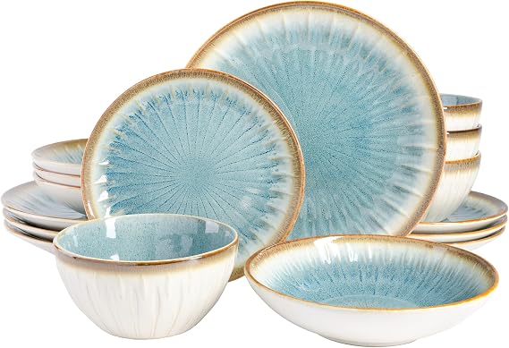 Gibson Elite Mayfair Bay 16-Piece Embossed Double Bowl Dinnerware Set, Service for 4 Blue Stoneware Plates and Bowls