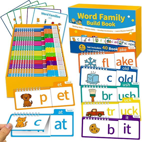 Phonics Game Flash Cards, Word Family Build Book | 40 Read & Rhyme Flip Books for Kids, Word Family Building & Reading Learning Tools for Preschool to Primary