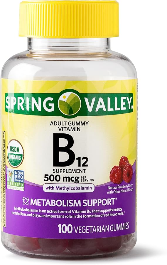 Spring Valley Adult Gummy Vitamin B12, Metabolism Support, Natural Fruit Flavor, 100 Gummies