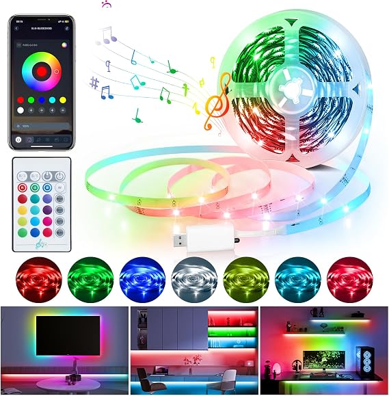 LED Strip Lights 10M, Dimmable 5050 RGB LED Lights Strips with IR Remote and APP Control, Music Sync Color Changing TV Backlight, USB Self-adhesive RGB Lights Kit for Home TV PC Monitor Party DIY [Energy Class E]