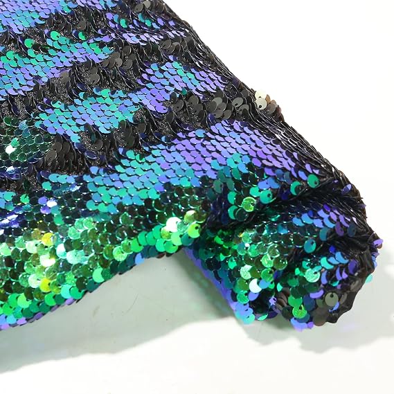 Manyshofu Green & Black Mermaid Sequin Fabric 1 Yard - Reversible | Two-Tone Reversible Sequin Design, 49 Inch Wide, For DIY Sewing And Wall Decor, Sensory Play For Kids, Party Use