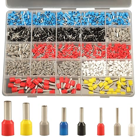 1200pcs Wire Ferrules Terminals Kit, 8 types Ferrule Connectors Kit AWG 22-7, Pin Terminal Connectors Wire ferrule Assortment Kit, Wire Copper Crimp connector Insulated Ferrule Pin Cord End Terminal