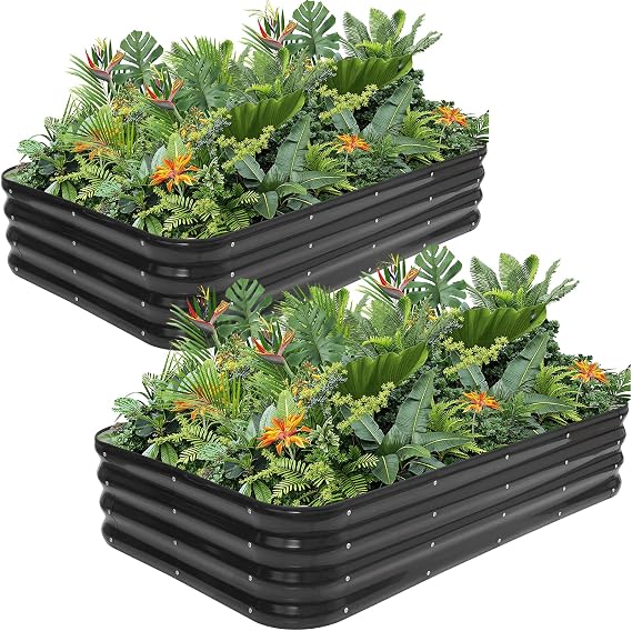Raised Garden Bed Kit | 4-in-1 Adjustable Galvanized Planter Boxes for Vegetables, Flowers | 12" Tall, Multiple Sizes (5x3x1ft, 4x4x1ft, 6x2x1ft, 7x1x1ft) | Outdoor Metal Raised Bed, Grey-2Pack