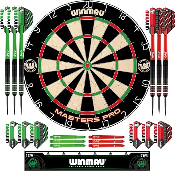 WINMAU Masters Pro Dartboard Set - Complete Cabinet Set with Steel Tip Darts, Self-Healing Sisal Board