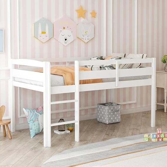 Twin Wood Loft Bed Low Loft Beds with Ladder,Twin,White