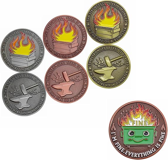 6 Pcs Dumpster Fire Coins Bulk Mixed 3 Colors and Everything is Fine Dumpster Fire Medallion Antique Copper Plated