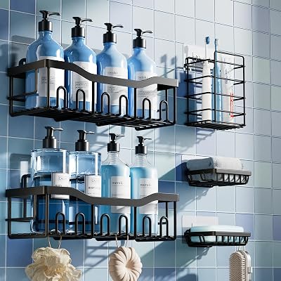 EUDELE 5-Pack Rustproof Stainless Steel Shower Caddy Set No Drill Adhesive Bathroom Organizer, Space-Saving Shower Shelves for Apartment Essentials, BathroomKitchen Storage Home Decor-L Size