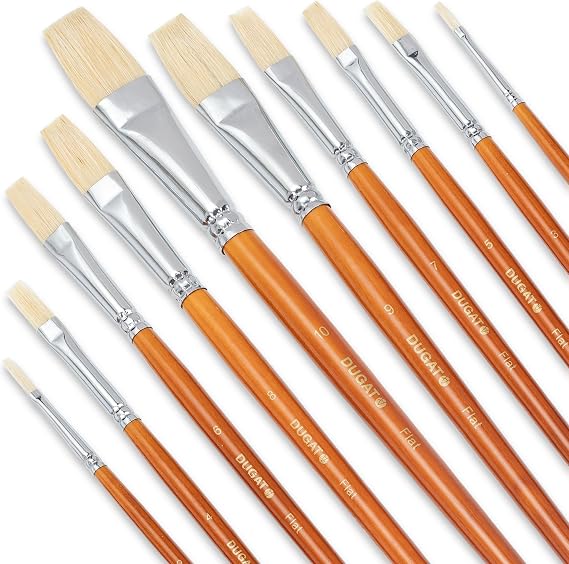 DUGATO Hog Hair Flat Paint Brush Set, 10-Piece Short Handle Brushes | Comfortable Wood Handle, Natural Bristle Flats for Acrylic, Oil, Gouache, Watercolor, Craft & Fabric Art