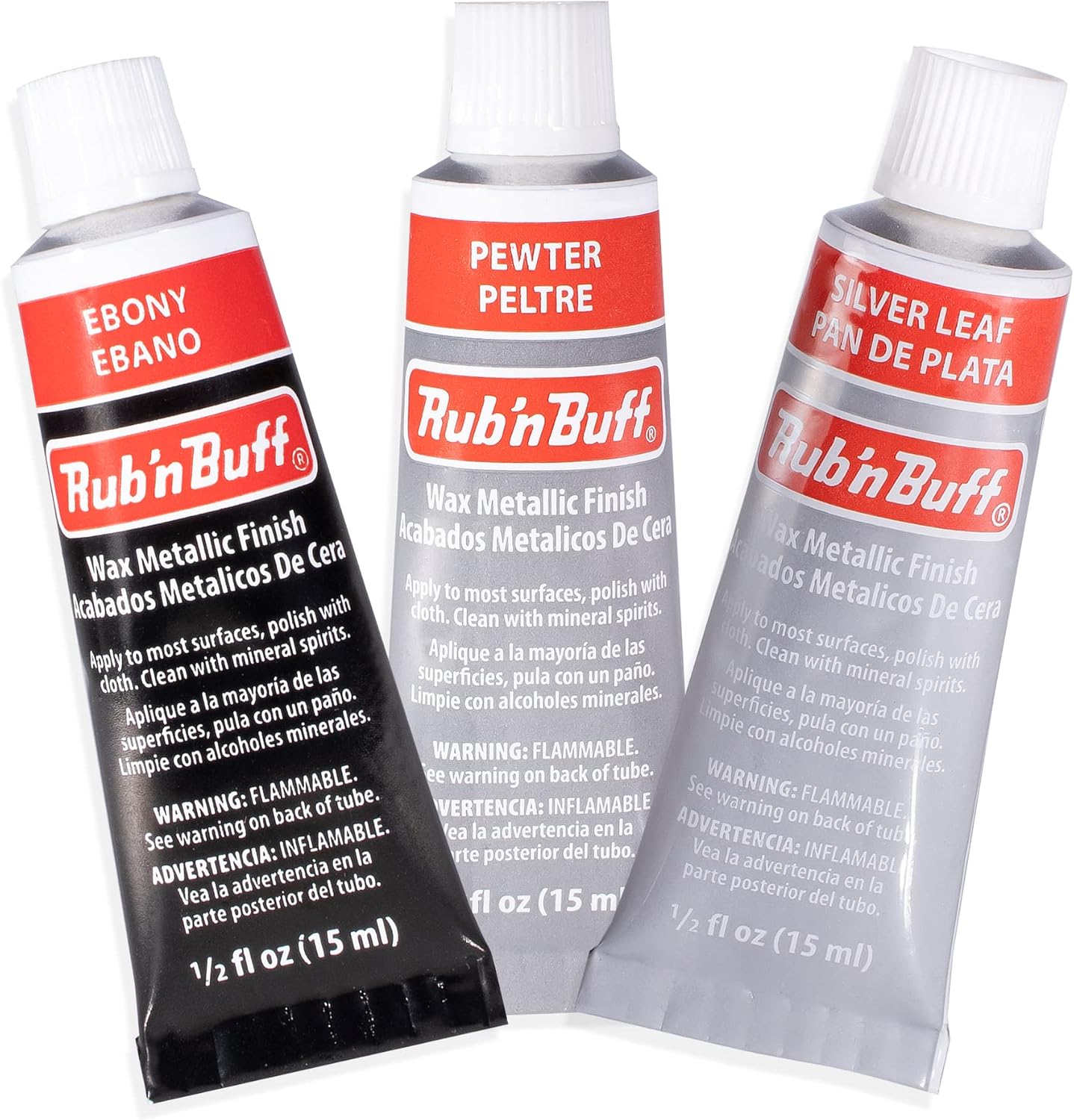 AMACO Rub n Buff Wax Metallic Finish Grey Kit - Ebony Silver Leaf and Pewter 15ml Tubes - Versatile Gilding Wax for Finishing Furniture Antiquing and Restoration - 3 Rub and Buff Colors