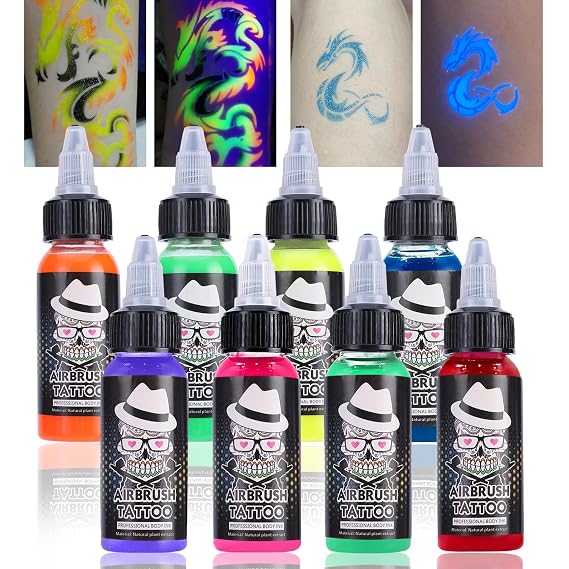 OPHIR Neon Airbrush Temporary Tattoo Ink, 8 Colors for EDM Events Makeup