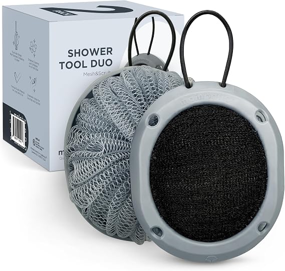 MainBasics Shower Tool Duo 2-in-1 Shower Loofah Sponge, 2 Pack, Skyway | Exfoliating Body Scrubber, Shower Scrubber, Deep Cleansing, Rich Lather