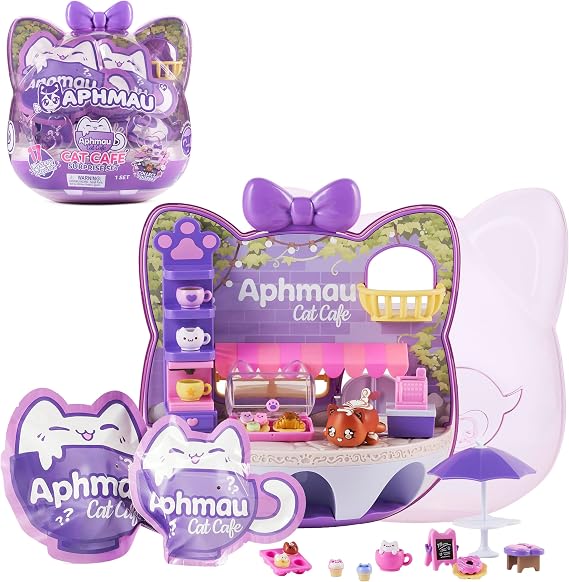 Aphmau Cat Cafe Surprise Set | 11" Cat-Shaped Display Case, 17 Mystery Surprises, Includes MeeMeow Figure, Dual-Sided Indoor/Outdoor Spaces