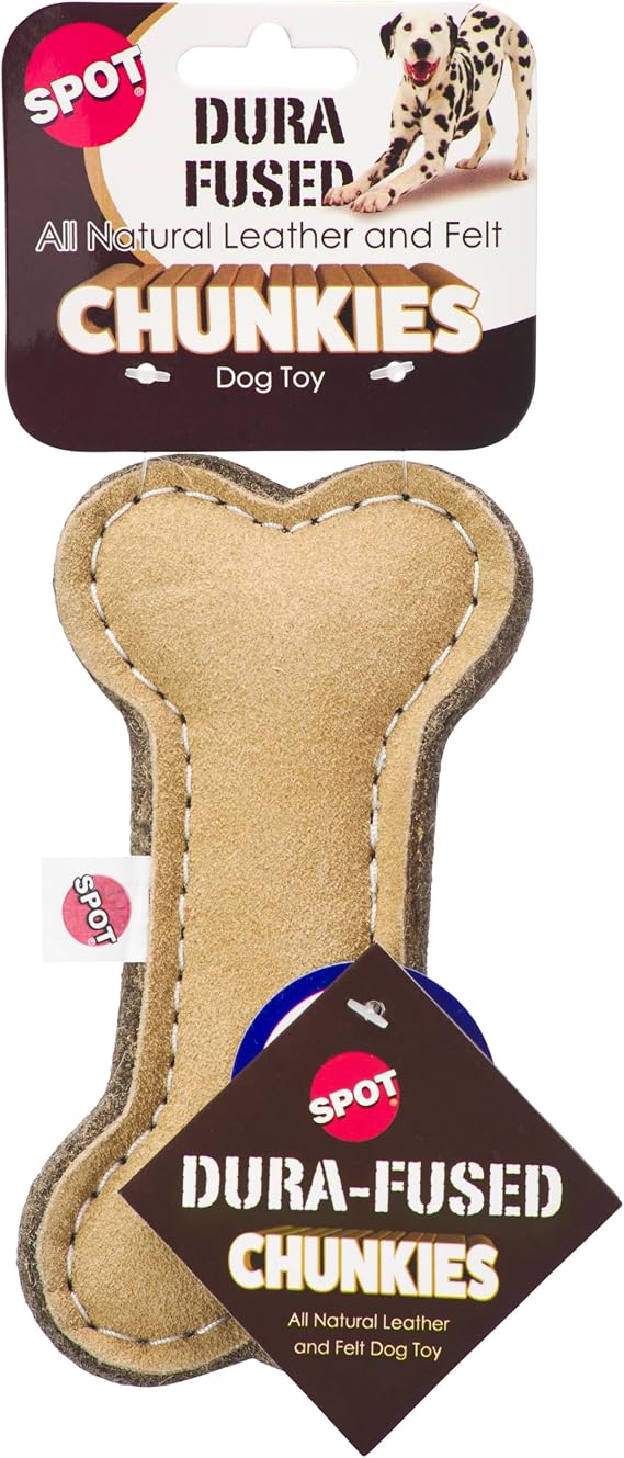SPOT Dura-Fused Chunkies- Bone - All Natural Leather and Felt Dog Toy- Durable, Long Lasting, Extra Thick Dog Chew Toy for Aggressive Chewers, Great for Adult Dogs and Teething Puppies, 6in