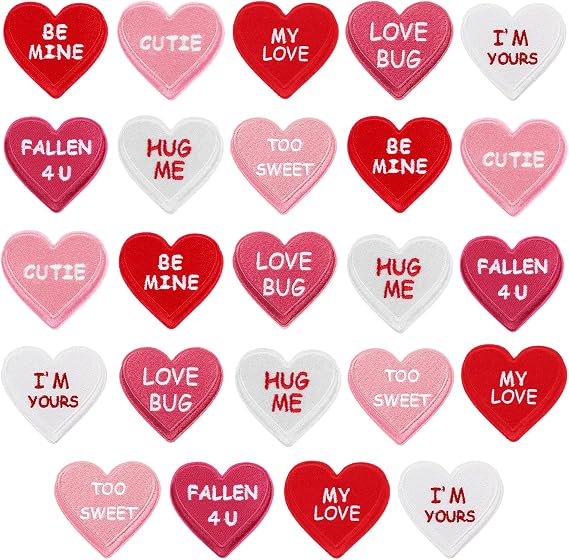 Juexica 24 Pcs Valentine's Day Heart Iron on Patches 2.36" Conversation Heart Embroidered Sew Applique Repair Patch DIY Craft for Clothes Jean Pant Backpack Hat Decoration (Classic,Red,White,Pink)