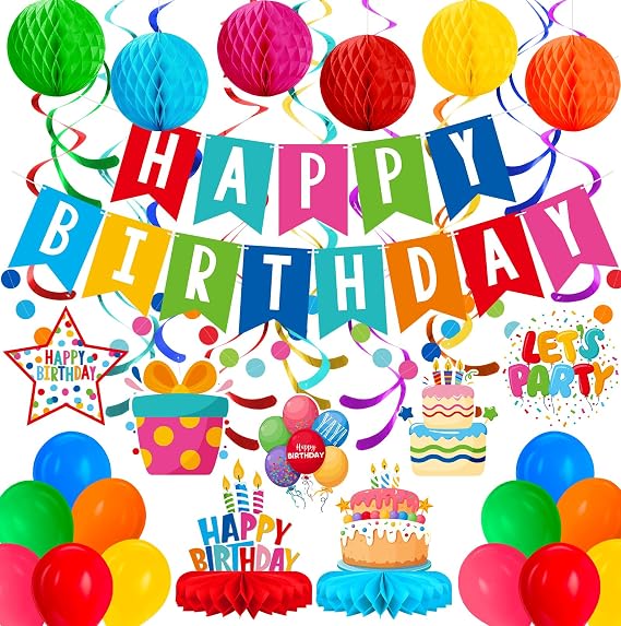 Happy Birthday Decorations Kit: Happy Birthday Banner,Birthday Circle Confetti Garland, Swirl Streamers, Honeycomb Balls, Birthday Balloons and Honeycomb Centerpiece for Kids' Birthday Party Supplies