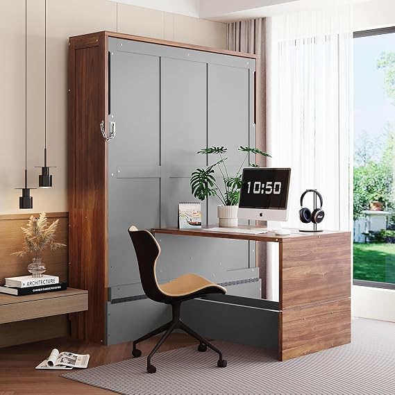 Murphy Bed with Foldable Desk Space Saving Wall Bed, Full Size, Walnut & Gray