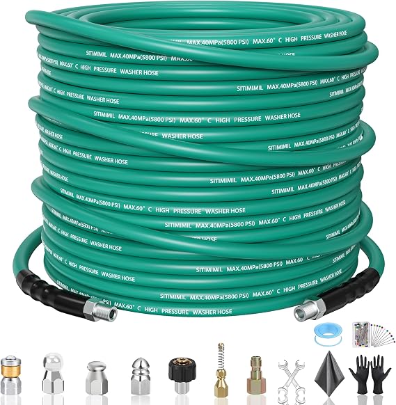 100FT Sewer Jetter Kit for Pressure Washer,1/4NPT Drain Cleaner Hose 5800PSI, With Adapter Corner Rotating Button Nose Sewer Jetting Nozzles Kit Pearl Corsage Pin Spanner Waterproof Tape