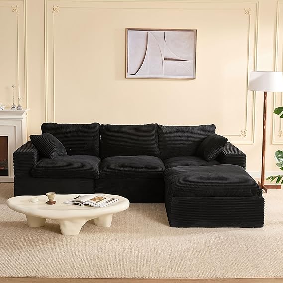 Modular Sectional Sofa and Sofa Bed, L-Shaped Cloud Couch with Memory Foam, No Assembly, Deep Seat,Set of Corduroy Convertible Sofa for Living Room (Black, 268 cm L-Shaped)