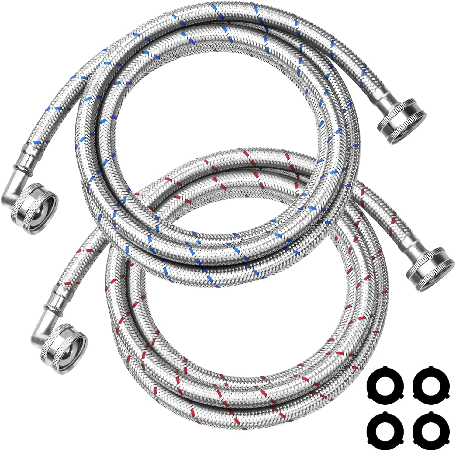 6Ft Stainless Steel Washer Hose with 90 Degree Elbow by Puxyblue for All Washers - 2 Pack Burst Proof Red and Blue Braided Hoses for Hot and Cold Water Supply