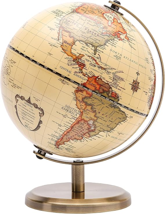 14cm Antique World Globe with Rotating Bronzed Metal Desk Stand | English Political Map Vintage Colour Modern Map For Home Office School Travel Learning And Display