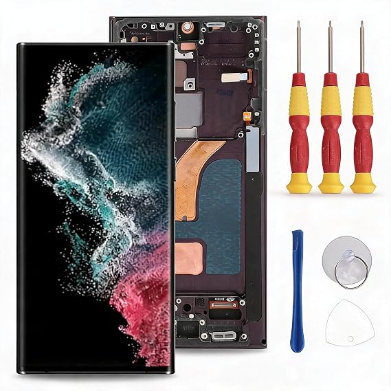 Organic LCD Screen Replacement for GalaxyS22 Ultra SM-S908B SM-908E SM-908B/DS, S22 Ultra Frame, Digitizer Assembly with Frame Repair Tools for S22 Ultra