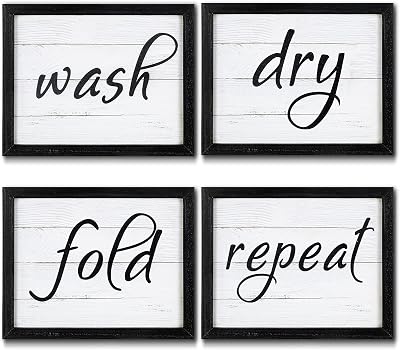 4 Pieces Funny Laundry Signs Wash, Dry, Fold, Repeat Sign Funny Laundry Room Wall Art Signs Framed Rustic Farmhouse Hanging Wood Wall Decor for Home Laundry Bathroom, 10 x 8 Inch Black
