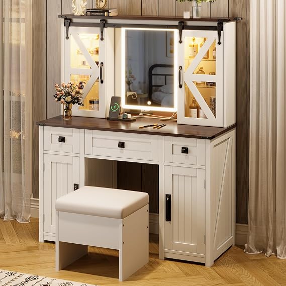 Farmhouse Makeup Vanity Desk with Lighted Mirror, Vanity Table Set with Storage Stool and Charging Station, Dressing Table with Sliding Barn Door Hidden Shelves& 3 Drawers& 4 Cabinets