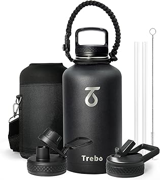 Trebo Insulated Water Bottle 2 L with Paracord Handle Wide Mouth Double Wall Stainless Steel Keep Cold 48 Hours Water Bottle with 3 Lids, Black