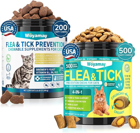 Cat Flea & Tick Prevention Bundle, Natural Oral Flea Treatment for Cats, 200 Soft Chews + 500 Crunchy Chews, Cat Flea Treatment, Daily Flea, Immune, Skin & Coat, Gut Support, Chicken Flavor