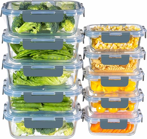 MFY Glass Containers with Lids, Reusable Meal Prep Containers, Airtight Glass Food Storage Containers with Lids, BPA-free, Microwave, Oven, Freezer and Dishwasher Safe, 10 Pcs 1040 & 400ml - Gray