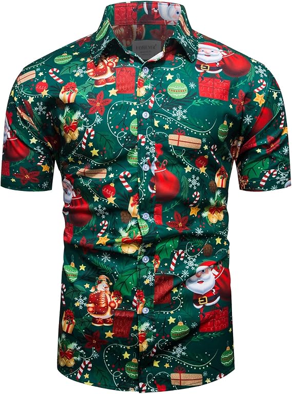 fohemr Mens Christmas Hawaiian Shirt, Holiday Santa Claus Short Sleeve