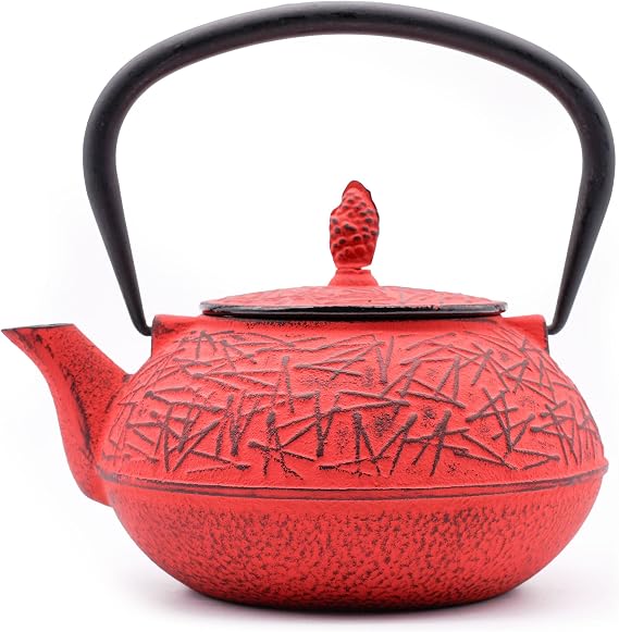 Zen Minded Traditional Japanese Cast Iron Tetsubin Stovetop Teakettle Teapot with Stainless-Steel Mesh Loose-Leaf Filter for Green Tea & Infusions 800ml Pine Pattern - Red