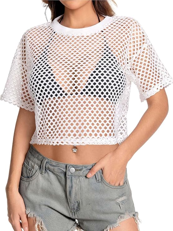 Women's Mesh Top Fishnet T Shirts Sheer Short Sleeve See Through Crop Tops | Loose Crew Neck Tee,80s 90s Rave Outfit,Party Concert,Going Out Cover UP