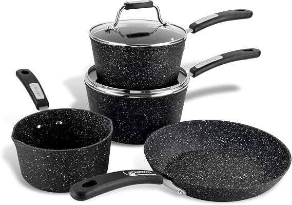Scoville NEVERSTICK 4+1 Piece Cookware Set, Non Stick Pots & Pans Set, 16cm Milk Pan, 18 & 20cm Saucepans, 24cm Frying Pan, Free 20cm Frying Pan, Suitable for All Hobs, Aluminium, PFOA Free, Black