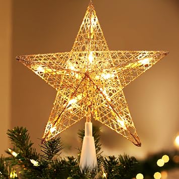 Brizled Gold Christmas Tree Topper, 9 Hollow-Out Star Tree Topper with 10 Warm White Lights, Pre-lit 5 Point Star Treetop, 120V UL Listed Lighted Treetop for Christmas Tree Home Decoration
