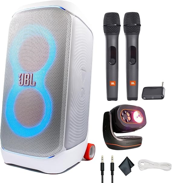 JBL PartyBox Stage 320 240W Portable Wireless Speaker, 18 Hour Battery (White) + Partylight Beam + Wireless Two Microphone System + AUX Cable | Party Karaoke Kit