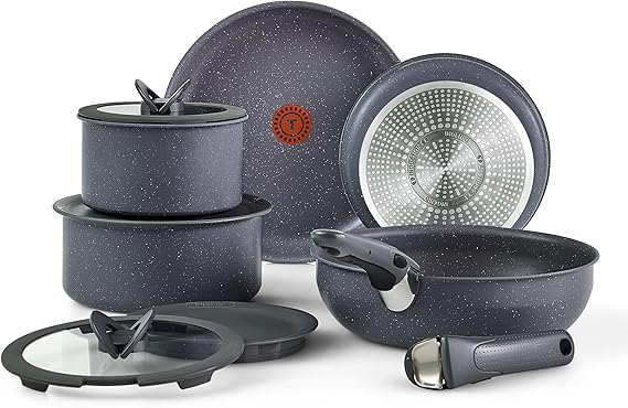 T-fal Ingenio Essentials Cookware Set with DetachableRemovable Handle 11 Piece, Granite Titanium Non Stick, Induction, Oven Broiler Safe 500F, Stackable, Pots and Pans Set, RV Camping, Fry Pans Gray
