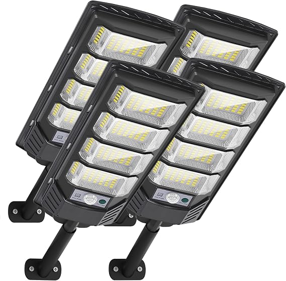 Solar Street Lights Outdoor, Wide-Angle LED Flood Light with Motion Sensor, Dusk-to-Dawn, Waterproof, Solar Powered Security Light for Yard, Driveway, Garage, Barn (4 Pack)
