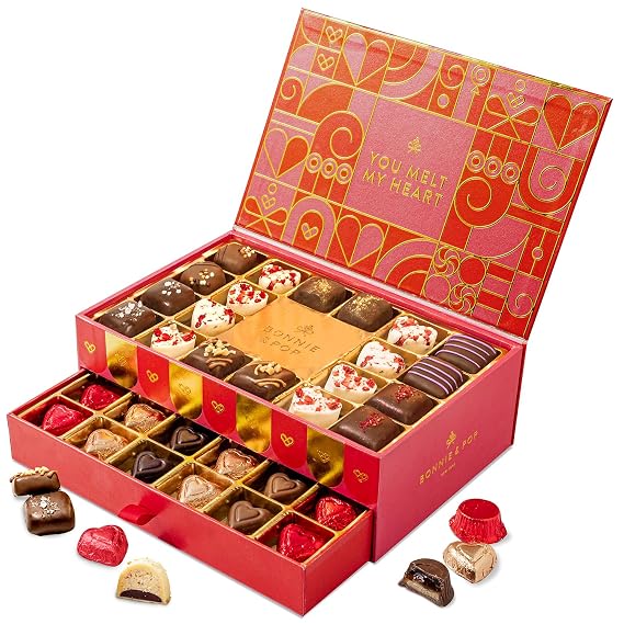 Valentines Chocolate Gift Basket, Candy Food Gifts, Gourmet Snack Box, Holiday Present Idea, Him & Her, Men, Women, Two-Tier Box with Assorted Belgian Truffles, 10+ Flavors, Bonnie and Pop (Pink)