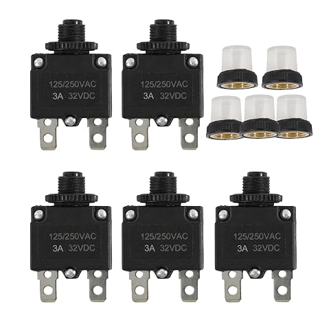 5pcs Push Button Reset 3 Amp Circuit Breakers with Manual Reset 32VDC,AC125-250V with Quick Connect Terminals