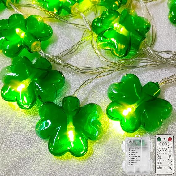 St Patricks Shamrock String Lights Battery Operated 10Ft 20 LED Green Shamrock Lights with Timer, Indoor Outdoor Lucky Clover String Lights for Bedroom St. Patrick's Day Decor