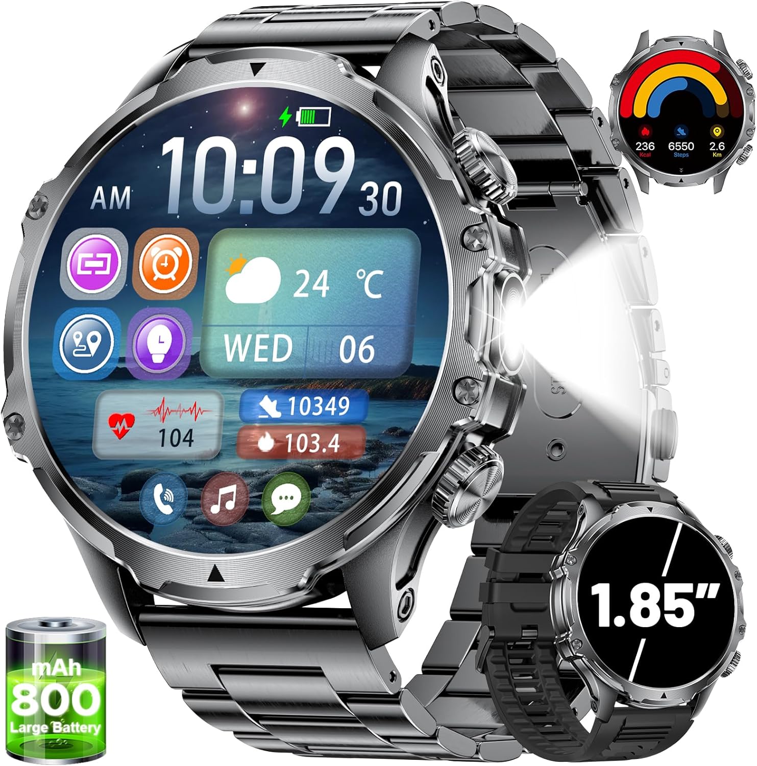 Military Smart Watch for Men,1.85 HD800mAh Battery Smart Watches with LED Flashlight for Android iOS Bluetooth Call AnswerCallsFitness Tracker with Heart RateSleep TrackingBlood Oxygen Black
