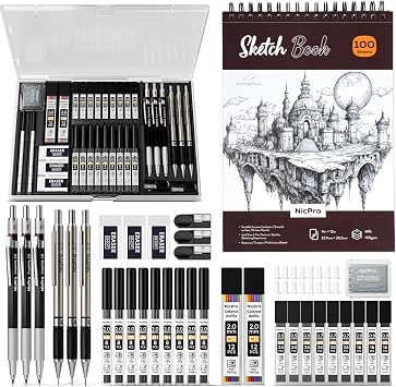 Nicpro 37PCS Art Drawing Supplies Kit, Metal Mechanical Pencil Set 0.5, 0.7, 0.9 & 2mm, 100 Sheets 9x12 Sketch Book, 288PCS Leads, School Supplies Drawing Kit for Artist Adults Teens Kids Sketching