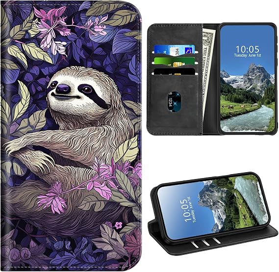 Wallet Case for TCL 605/TCL 60 SE 6.7" with Card Holder & RFID Protection for Women Men PU Leather Magnetic Kickstand Shockproof Cover for TCL 605/TCL 60 SE,White Sloth