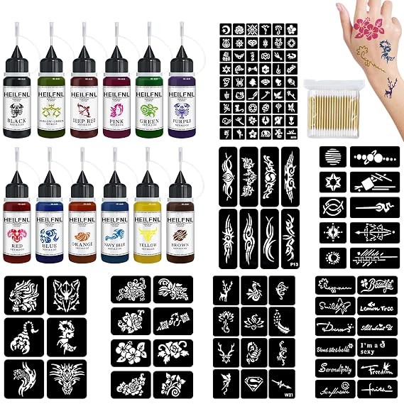 Temporary Tattoo Kit - 12 Colors Tattoo Ink with 120 Pcs Stencils