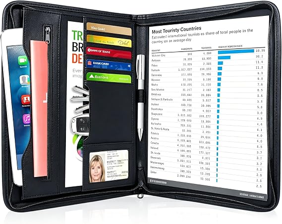 Zippered Padfolio Portfolio Binder, Leather Business Portfolio, 8.5 x 11 Legal Pad, Office Supplies Organizer, Black Zippered Pocket, Planners, Resume, Briefcase for Travel and Interview