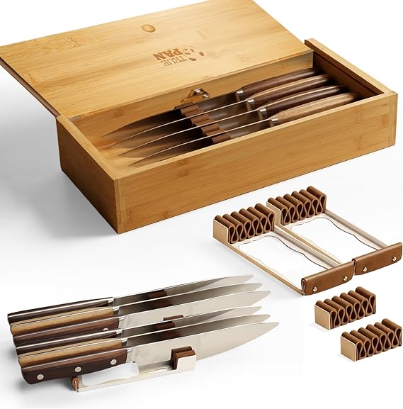 Kid Safe In-Drawer Bamboo Box, for Chef Knives or Steak Knives, with newly invented Beautiful Leather Holders. Only 5.5 Inches Wide. Best Knife Block Alternative!